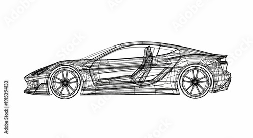 A detailed wireframe sketch of a sleek, modern sports car, side view