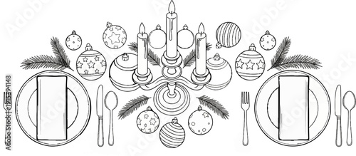 A festive table setting with candles, ornaments, and pine sprigs