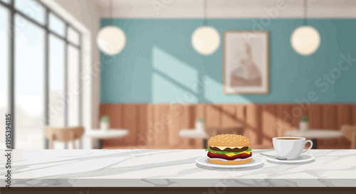A burger and coffee sit on a marble counter in a bright cafe