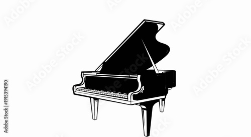 A black grand piano with its lid open, isolated on a white background