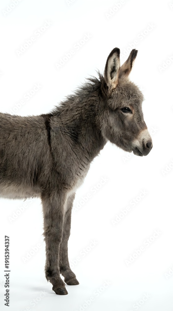 Fototapeta premium Gray donkey standing in profile isolated on white background for farm animal and livestock design projects.