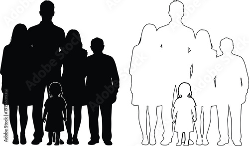 Contrast of family silhouettes in two different poses against a plain background