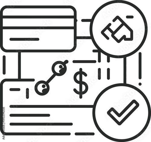 Vector illustration of a financial transaction concept with credit card, handshake, and checkmark icons connected by lines and symbols on a transparent background