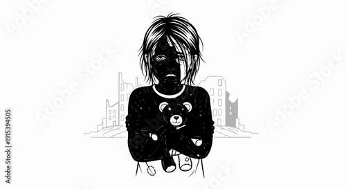 A child with a black face clutching a teddy bear amid ruined buildings