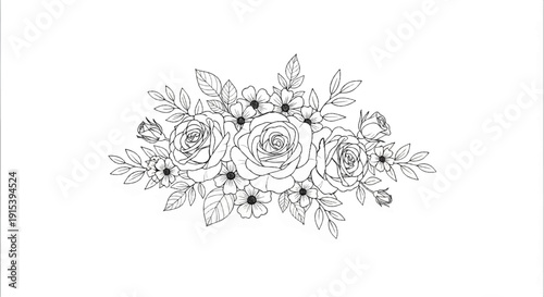 A delicate black and white sketch of a rose and small flower bouquet