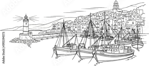 A coastal town with boats docked in the harbor and a lighthouse on the shore