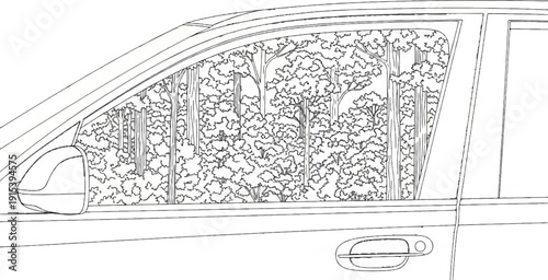 A car window reveals a dense forest with tall trees and foliage