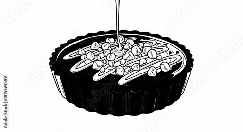 A chocolate tart with nuts and drizzled topping, rendered in monochrome