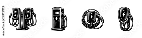Electric charging stations set. flat vector icons for ev chargers and energy fillers