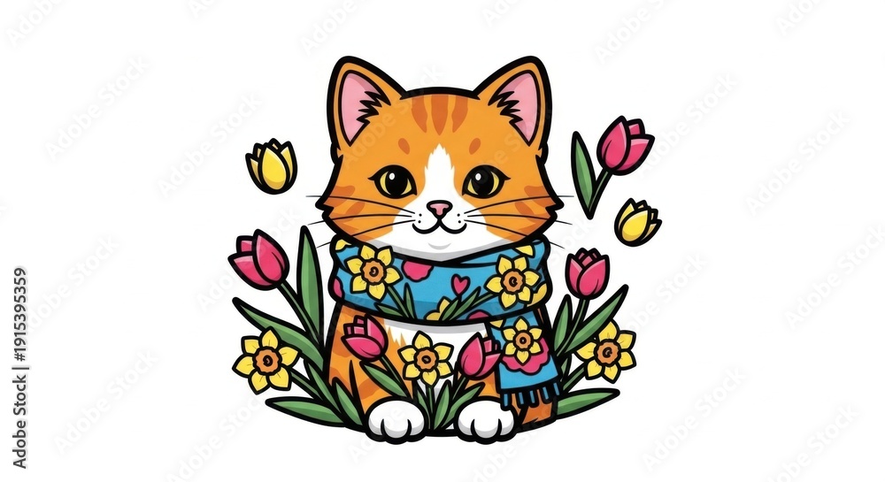 Obraz premium Cute Orange Cat Among Spring Flowers Wearing Blue Scarf