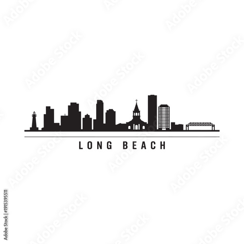 A minimalist black silhouette of the long beach skyline with city name