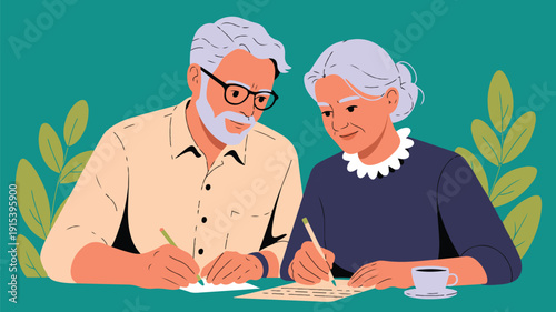 Elderly couple filling out important documents, serious senior man and woman working together