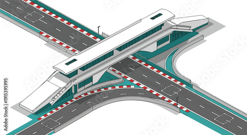 Overhead view of a detailed model airplane on a grey and teal runway intersection with red and white markings.