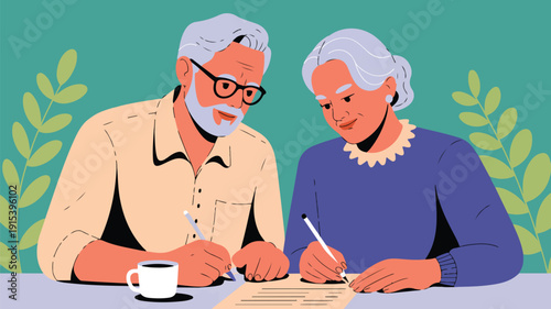 Elderly couple filling out important documents, serious senior man and woman working together