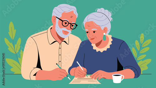 Elderly couple filling out important documents, serious senior man and woman working together
