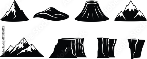 Collection of stylized mountain and volcano icons simple black and white vector illustrations for landscape design and nature concepts