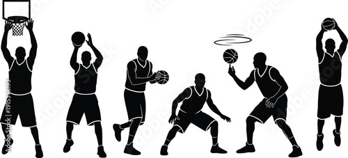 Collection of basketball player silhouettes in action representing various moves like shooting and dribbling perfect for sports graphics and design