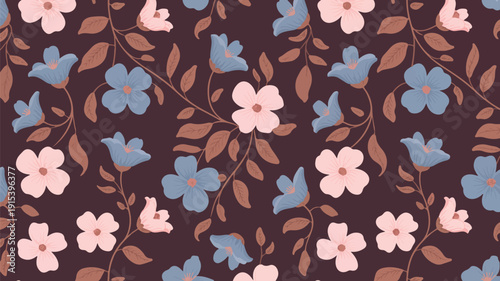 Floral pattern with pink and blue flowers and brown leaves on dark background