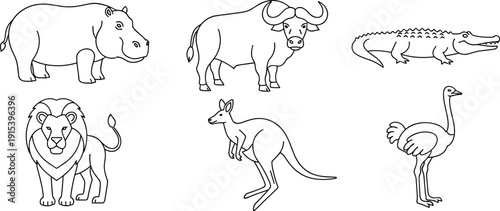 Vector illustration set of wild animals featuring line art outlines of a hippo, buffalo, crocodile, lion, kangaroo, and ostrich isolated on white background.