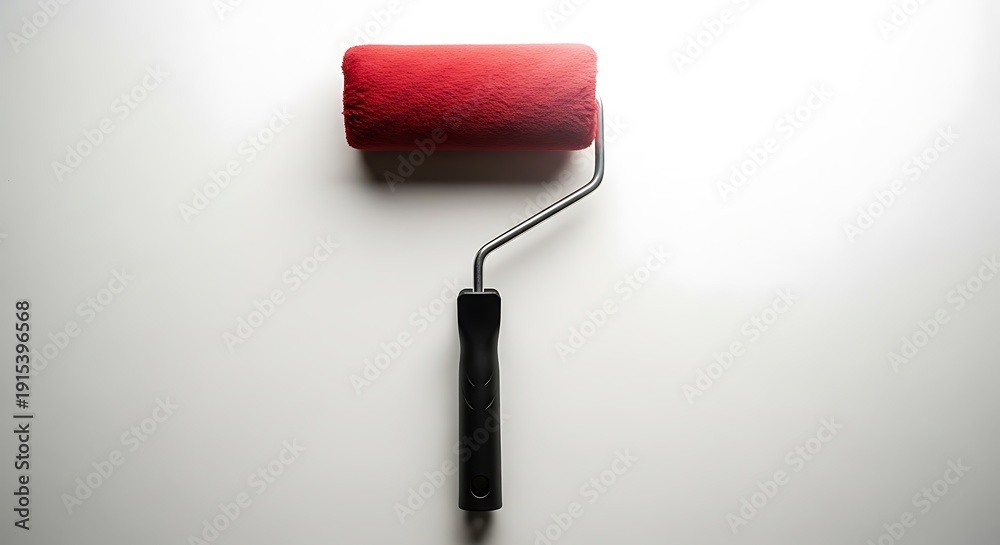 Obraz premium A red paint roller with a black handle on a white background