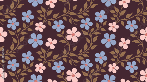 Floral pattern with pink and blue flowers and brown leaves on dark background
