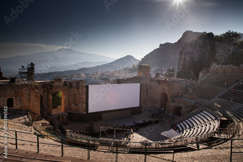 Empty white banner set up in ancient theatre in Taormina, Sicily for upcoming event or performance