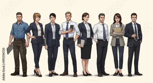 Diverse group of business professionals standing together in modern office attire