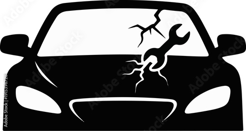 A black silhouette of a car with a cracked windshield and a wrench