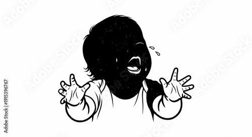 A distressed infant with wide open mouth and tears, reaching out