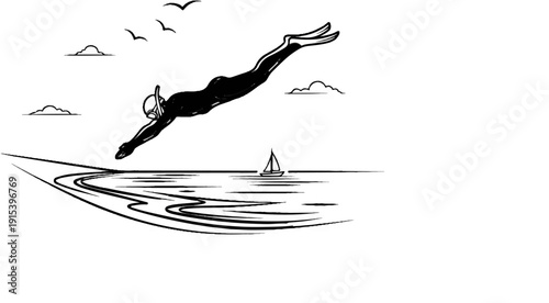 A diver plunges into the ocean near a sailboat under a cloudy sky