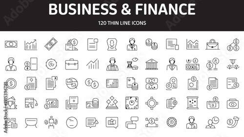 Business and finance icon set featuring graphs, charts, briefcases, currency symbols, calculators, documents, people, and communication tools.