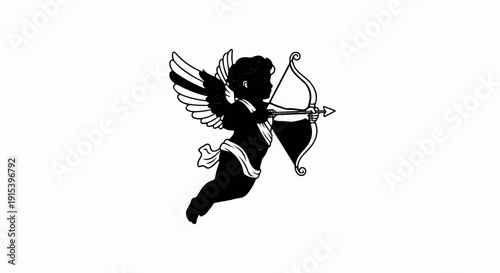 A black silhouette of a cherub with wings aims a bow and arrow