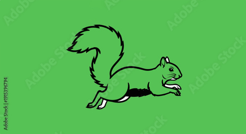 A cartoon green squirrel with a bushy tail is running on a bright green background