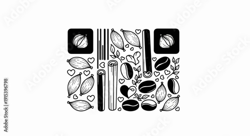 A decorative pattern of spices and coffee beans with heart accents