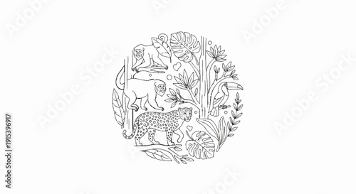 A circular illustration of jungle animals and foliage in outline style