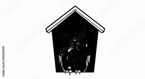 A dark, stylized owl with talons is perched within a black, angular birdhouse