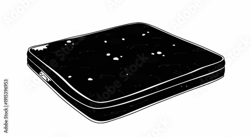 A black quilted mattress with white piping on a white background