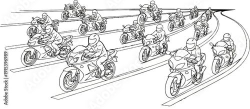 A group of motorcyclists riding in formation on a winding road