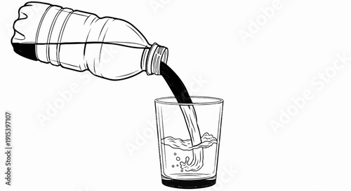 A dark liquid pours from an opened plastic bottle into a clear glass