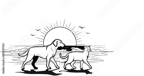A dog and cat walk on a beach at sunrise with birds in the sky
