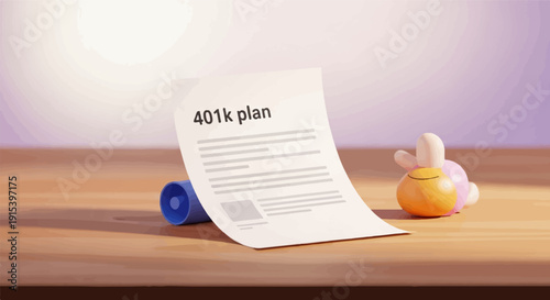 A document d "401k plan" rests on a wooden surface beside a toy rabbit and a blue object