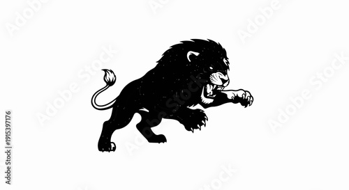 A black lion with a fierce expression leaps forward on a white background