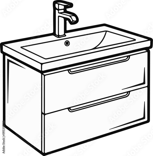 A clean line art illustration of a white modern bathroom vanity with two drawers and a faucet