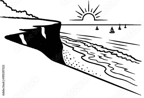 A cliff drops to a sandy beach with waves, sailboats on the horizon at sunrise