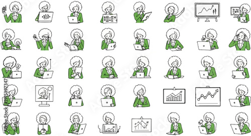 A collection of businesswomen in various work-related scenarios