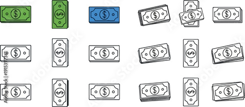 A collection of cartoon-style dollar bills in various orientations
