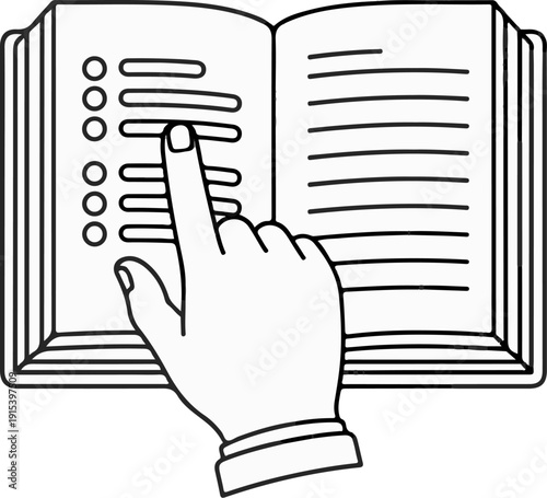 A hand pointing at a checklist in an open book
