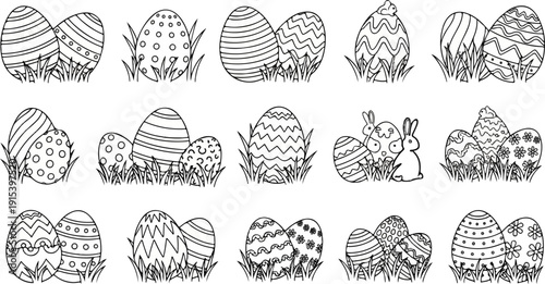 A collection of decorated Easter eggs nestled in grass, with bunnies