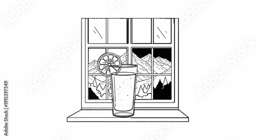 A glass of refreshing drink with a lemon slice sits on a windowsill with a mountain view