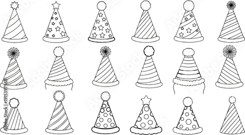 A collection of diverse, hand-drawn party hats in a variety of patterns